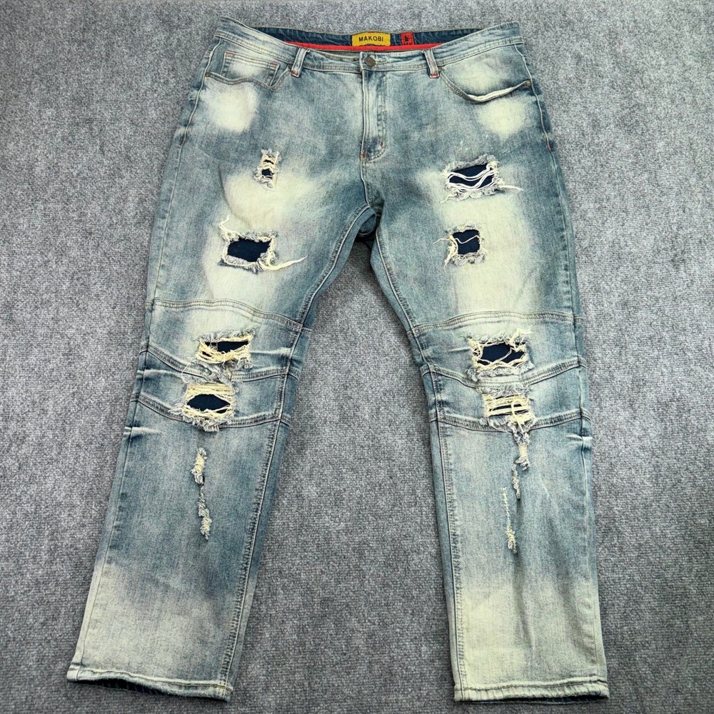 Makobi‎ Jeans Mens 42x32 (Fits 44x30.5) Light Blue Wash Moto Distressed Denim